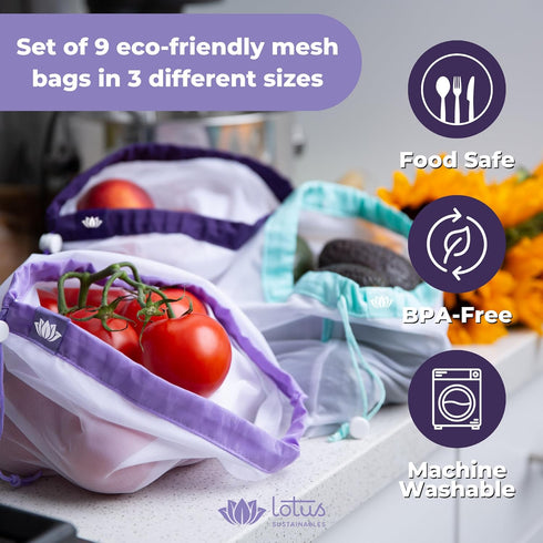 Eco-Friendly Mesh Produce Bags for Groceries - Reusable Lotus Bags