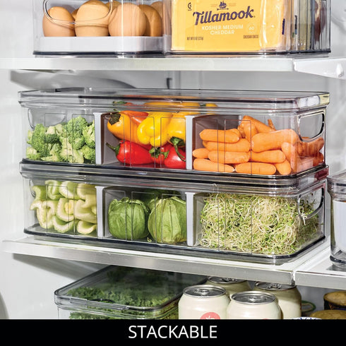 iDesign Recycled Plastic Crisp Large Divided Fruit and Vegetable Storage, 14.82" x 6.32" x 3.76" with Easy Grip Handles