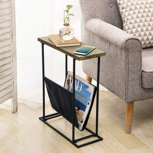 21 Inch MyGift Narrow Side Table for Small Spaces, Tall Slim End Table with Magazine Holder Sling, Wooden Narrow