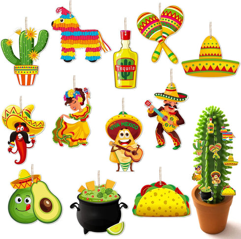 Blulu 24 Pieces Wooden Mexican Ornaments, Christmas Tree Decor for Taco, Cinco De Mayo, Piñata Sign