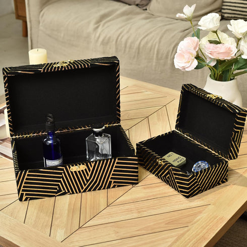 Velvet Decorative Boxes Storage Accessory Organizer with Gold Stripe, Set of 2, Black