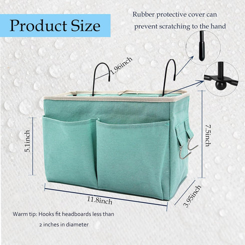Green Bedside Caddy, Multi-Function Hanging Storage Basket for Bunk and Hospital Beds, Holds Glasses, Books, Mobile