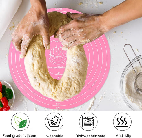 Silicone Baking Mat Cake Mat, Round with Measurements for Pastry Baking Sheet, Non-Stick, Pink