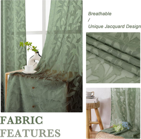 Leia 72 Inch Sheer Curtains Sage Green Panels Set of 2, Double Rod Pocket Window Living Room Curtain with Leaves, Light