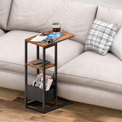 C Shaped End Table, Small Side Table for Couch, Recliner, Slide Under Sofa Tray Desk Snack Tables with Storage Bag