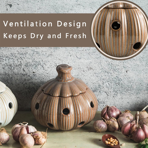 Ceramic Garlic Keeper with Lid and Holes Garlic Saver and Storage Framhouse Decor Keep Gralic Cloves Dry and Fresh