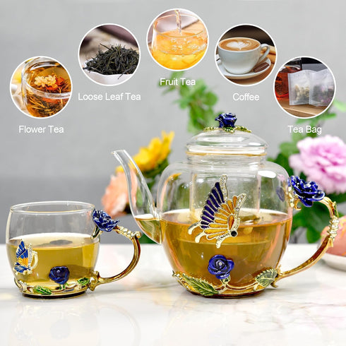 46oz/1300ml Enamel Glass Teapot With Rose Flower Butterfly And Gold Edge,Blue Rose Teapot With Infuser And Lid