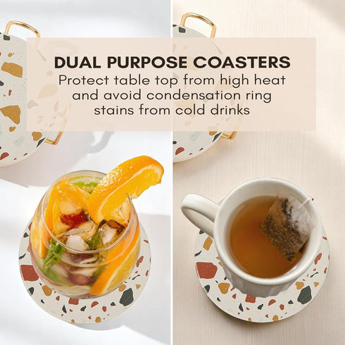 Set 6 (Sunset) Absorbent Terrazzo Drink Coasters with Holder, of Ceramic Stone Coasters for Drinks, Water-Absorbing
