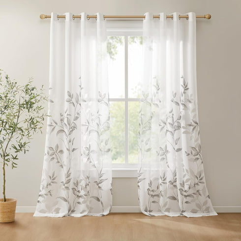Madison Park Cecily Semi Sheer SINGLE Panel Window Curtain - 50x84", Burnout Botanical Print, Leaves Grey (Pack of 1)