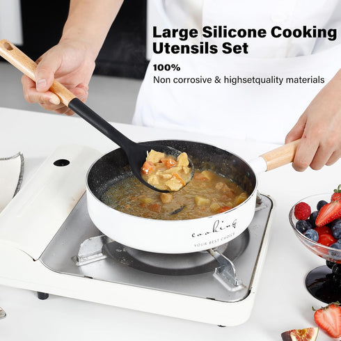 NCUE Kitchen Utensils Set, 6 Pcs Large Non-stick Silicone Cooking Utensils with Wooden Handle (Black)
