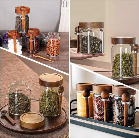 MOLADRI 18 oz/550 ml 4 Pack Glass Storage Canister with Airtight Wooden Lid, Clear Small Decorative Container Jar