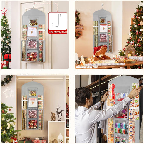Hanging Gift Wrapping Paper Storage - 40"X17" Grey Double-Sided Christmas Wrapper Bag Container for Closet Organization
