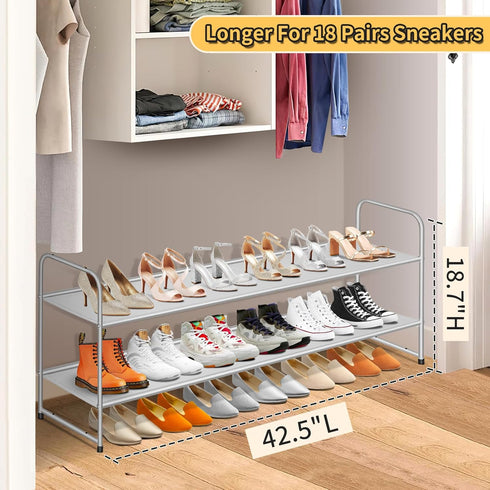 SLEEPING LAMB 2-Tier Long Shoe Rack Organizer, Stackable Wide Shoe Shelf Holds 18-Pairs for Bedroom Entryway