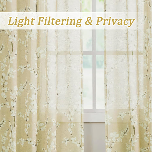 FMFUNCTEX Linen Sheer Curtains, 84 Inches Long, Cream Blossom Floral Print, Light Filtering Linen Blend, 2 Panels