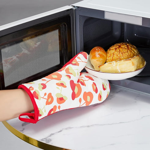 Oven Mitts and Potholders Set, 100% Cotton, Durable Heat Resistant for Kitchen, Machine Washable (3-Piece Red Flower)