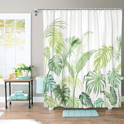 Lifeel Tropical Shower Curtain Set, Heavyweight Leaves Jungle Palm Bathroom Shower Curtain with 12 Hooks, Green White