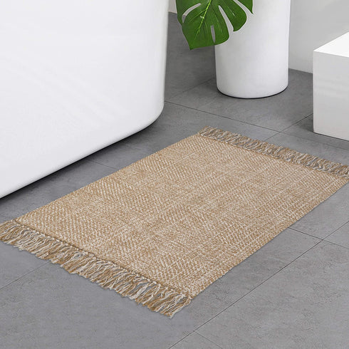 Collive Small Bathroom Rug, 2' x 3' Hand-Woven Low Profile Entryway Rug, Tan Cotton Reversible Washable Mat