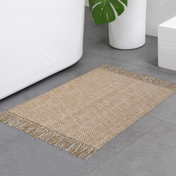 Collive Small Bathroom Rug, 2' x 3' Hand-Woven Low Profile Entryway Rug, Tan Cotton Reversible Washable Mat
