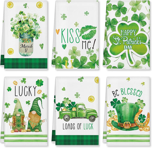 Zubebe 6 Pcs St. Patrick's Day Kitchen Towel Irish Lucky Shamrock Watercolor Gnome Dish Towels