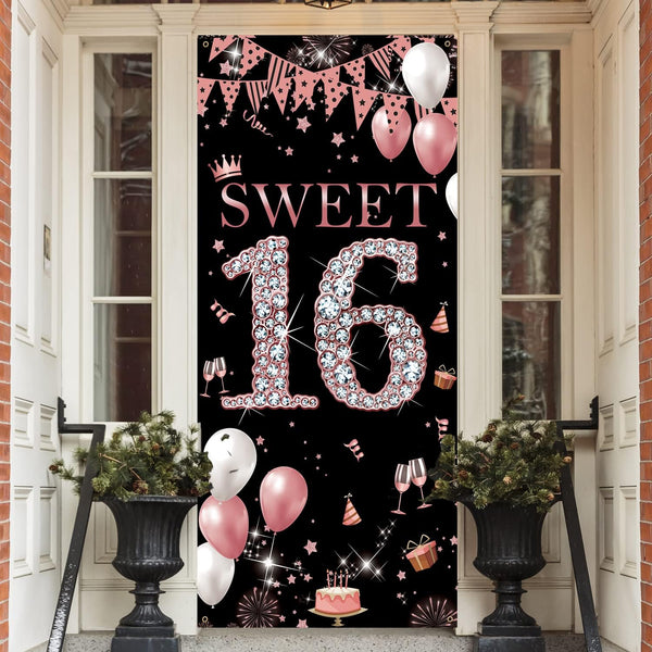 Sweet 16 Birthday Door Banner Backdrop, Happy 16th Birthday Decorations for Girls, Rose Gold, 6.1ft x 3ft