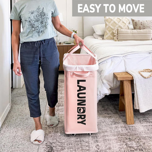 Goodpick Pink Laundry Baskets with Wheels, 2-Pack 75L Rolling Laundry Basket with Removable Wash Bags