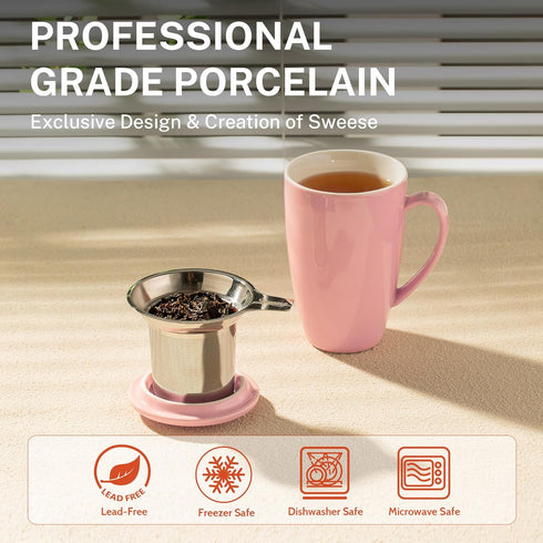 Sweese 15 OZ Porcelain Tea Mug with Infuser and Lid, Loose Leaf Tea Cup, Gifts for Tea Lovers, Pink