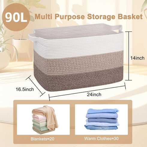 OIAHOMY Extra Large Blanket Basket, 90L Cotton Rope Woven Laundry Basket for Toy & Blanket Storage (Gradient Brown)