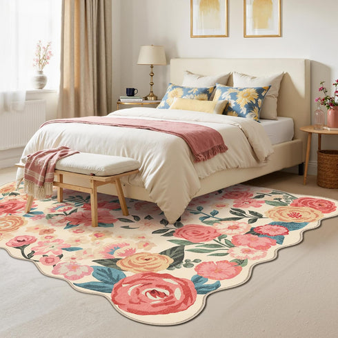 PureCozy 5x7 Washable Floral Area Rug Beige Living Room Carpet Scalloped Flower Non Slip Soft Bedroom Rug Farmhouse Low