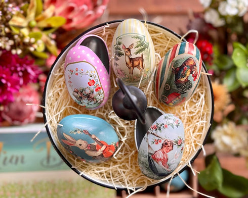 Generic Set 10 Vintage Tin Easter Eggs, of Fillable, Reusable Metal Egg Tins by Baerli