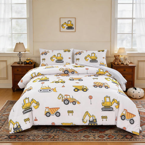 ZRNBAST Construction Queen Bedding Sets for Boys Kids Beige Cartoon Cars Excavator