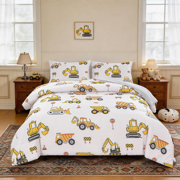 ZRNBAST Construction Queen Bedding Sets for Boys Kids Beige Cartoon Cars Excavator