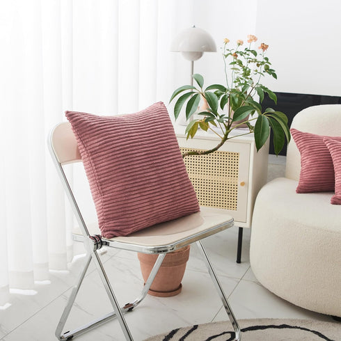 Home Brilliant Pink Pillow Cover 18x18 Striped Velvet Corduroy Decorative Throw Pillows for Girls Room, Dry Rose Pink