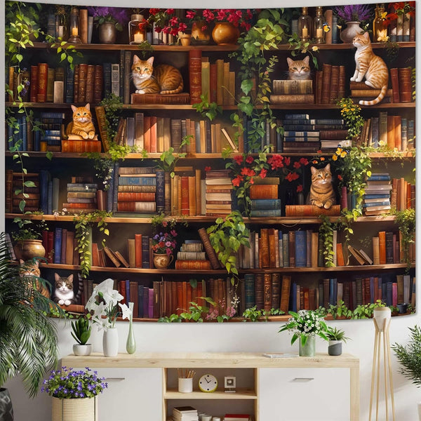Accnicc Plant Cat Bookshelf Tapestry Botanical Floral Flower Cats Book Tapestries Wall Hanging