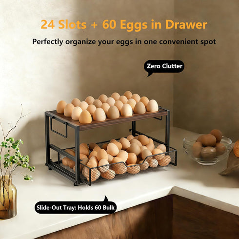Wolera 2-Tier Countertop 24+60 Countertop Wooden Egg Holder with Basket Holds Chicken, Duck & Quail Eggs, Easter Eggs