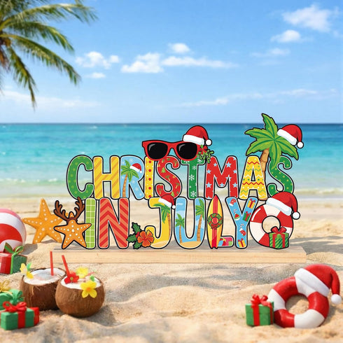 Summer Roowest Metal Christmas in July Sign Tabletop Decor Christmas Table Centerpiece Tropical Tiered Tray Decoration