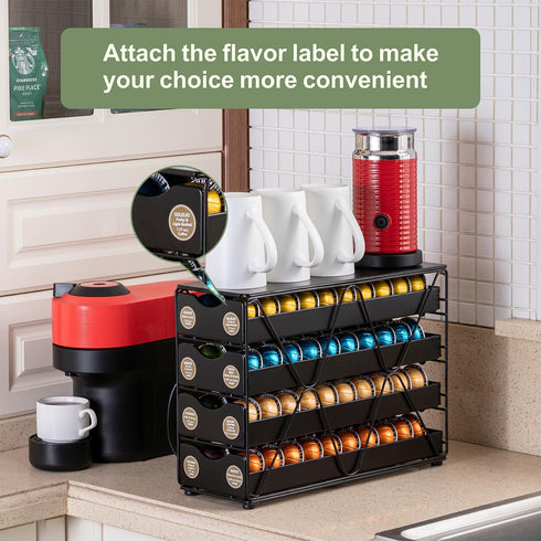 FlagShip Nespresso Pod Holder Drawer, Large Multi-Tier Coffee Pod Holder for Vertuo (4 Tier, 80 Pods Capacity)
