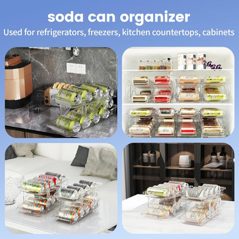 Soda Can Organizer for Refrigerator | Adjustable Width Drink Storage and Dispenser for Fridge, Clear (1 set)