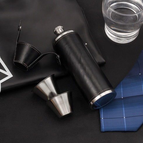 GENNISSY 10oz Black Bucket Hip Flask, PU Leather Stainless Steel, Liquor Flask with Funnel and Cups