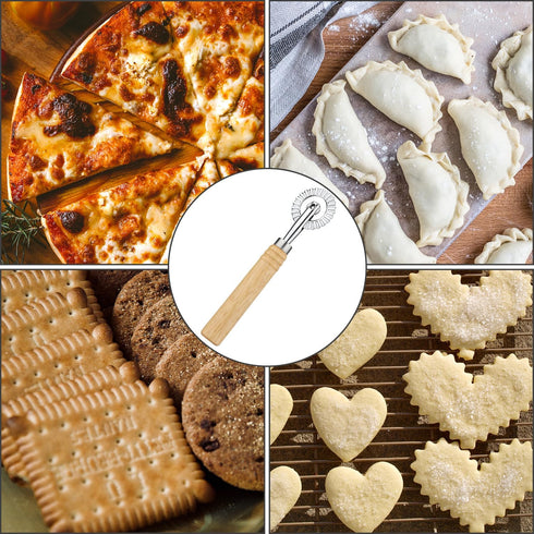 Pastry Cutter Wheel with Wooden Handle, Fluted Ravioli Crimper, Pizza Dumpling Cutter for Home and Kitchen