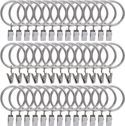 44 Pack Curtain Rings with Clips Hooks | Silver Drapery Clips with Rings, Stainless Steel Metal, 1.5 inch