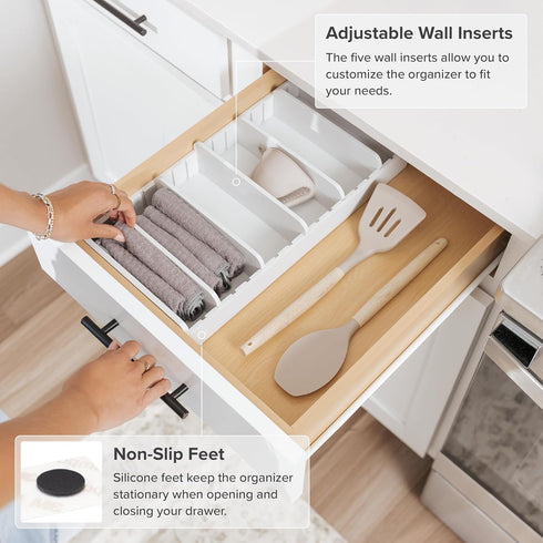 Bamboo Kitchen Towel and Food-Storage Organizer, Adjustable Wall Inserts, Non-Slip Feet, White Finish for Kitchen