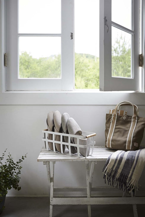 Storage Basket - Home Organizer Bin Holder with Wooden Handle - Steel + Wood - Small White