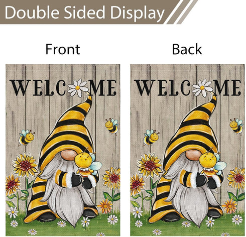 Welcome Summer Gnome Garden Flag, Spring Summer Bee Sunflower 12x18 Double Sided Burlap House Flag