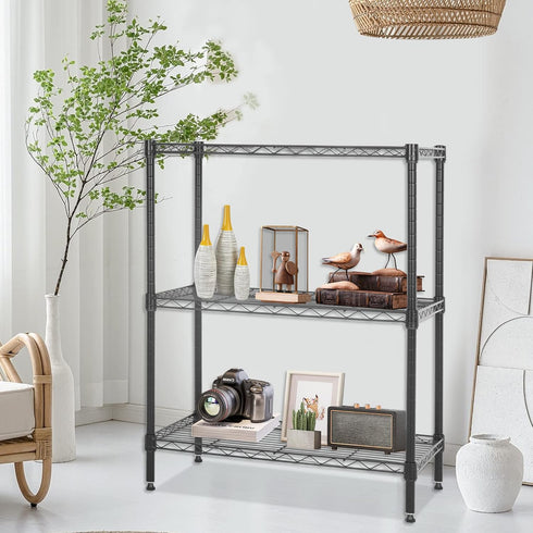 FDW Wire Shelving Units Adjustable Metal Storage Rack 23D x 13W x 30H 3 Tier Pantry Shelves for Kitchen Garage, Black