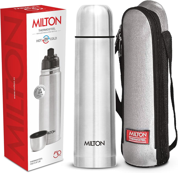 Milton Thermosteel 750 ml Flip Lid Thermos | Double Walled Vacuum Insulated Water Bottle | Stainless Steel, Silver