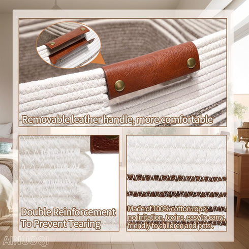 Tall Woven Rope Laundry Hamper - Clothes Basket with Leather Handles, 17.8" X 13.8" X 22", Blanket Storage Basket in