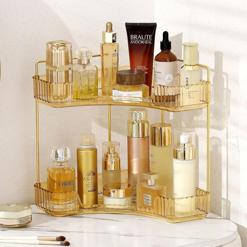 YCIA&DONE 2 Tier Corner Counter Bathroom Organizer, Clear Vanity Tray for Makeup and Skincare in Bedroom and Kitchen
