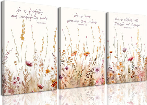 MALEDO 3Pcs Christian Nursery Canvas Wall Art Bible Verse Floral Pictures Wall