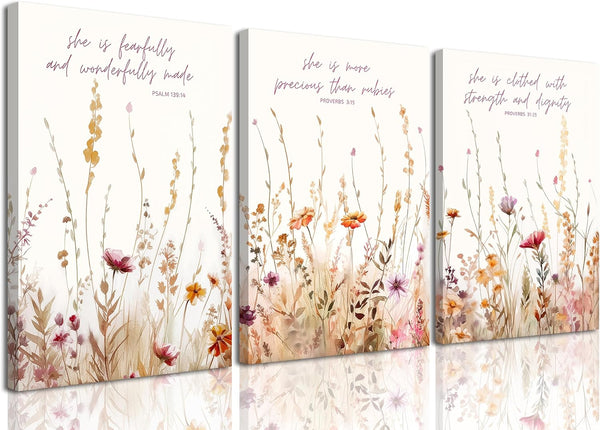 MALEDO 3Pcs Christian Nursery Canvas Wall Art Bible Verse Floral Pictures Wall