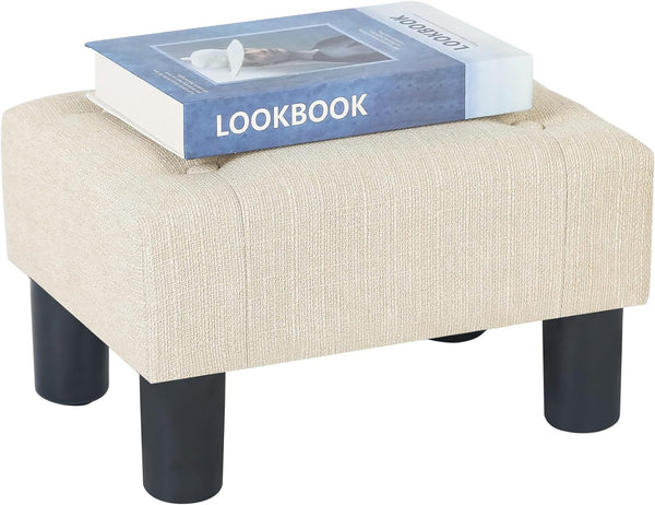 Adeco 15.4" Linen Upholstered Ottoman Footrest, Small Padded Foot Stool & Accent